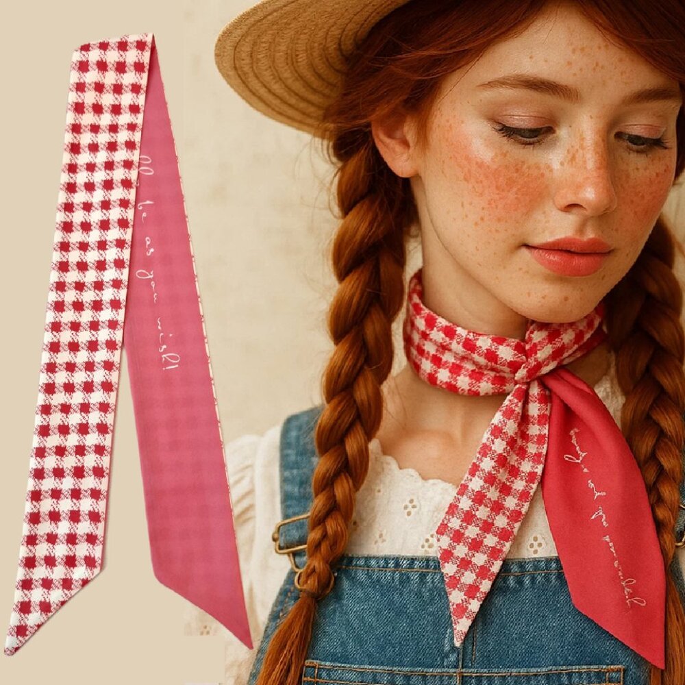 Slim Scarf Red White Gingham Check 34 inches Cottagecore Neck Hair Bag No 50